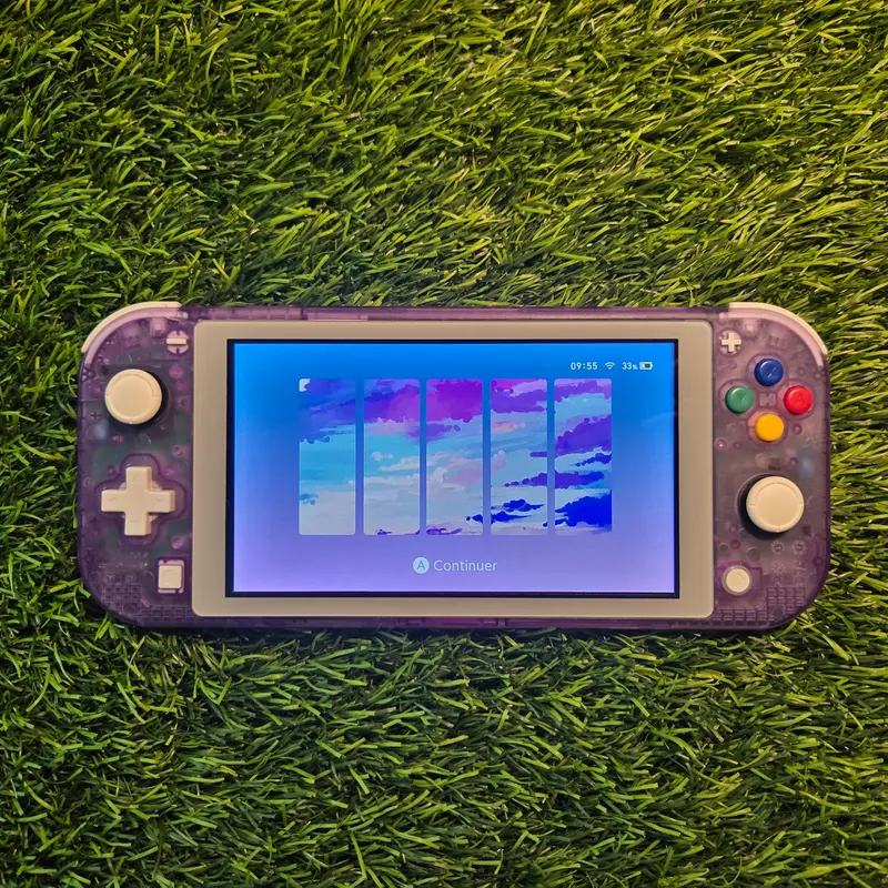 Dos de la Switch Lite violette transparente, composants visibles